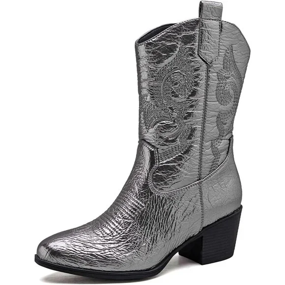 GLOBALWIN Cowgirl Boots Women's Silver Faux Leather Mid Calf Chunky Low Heel